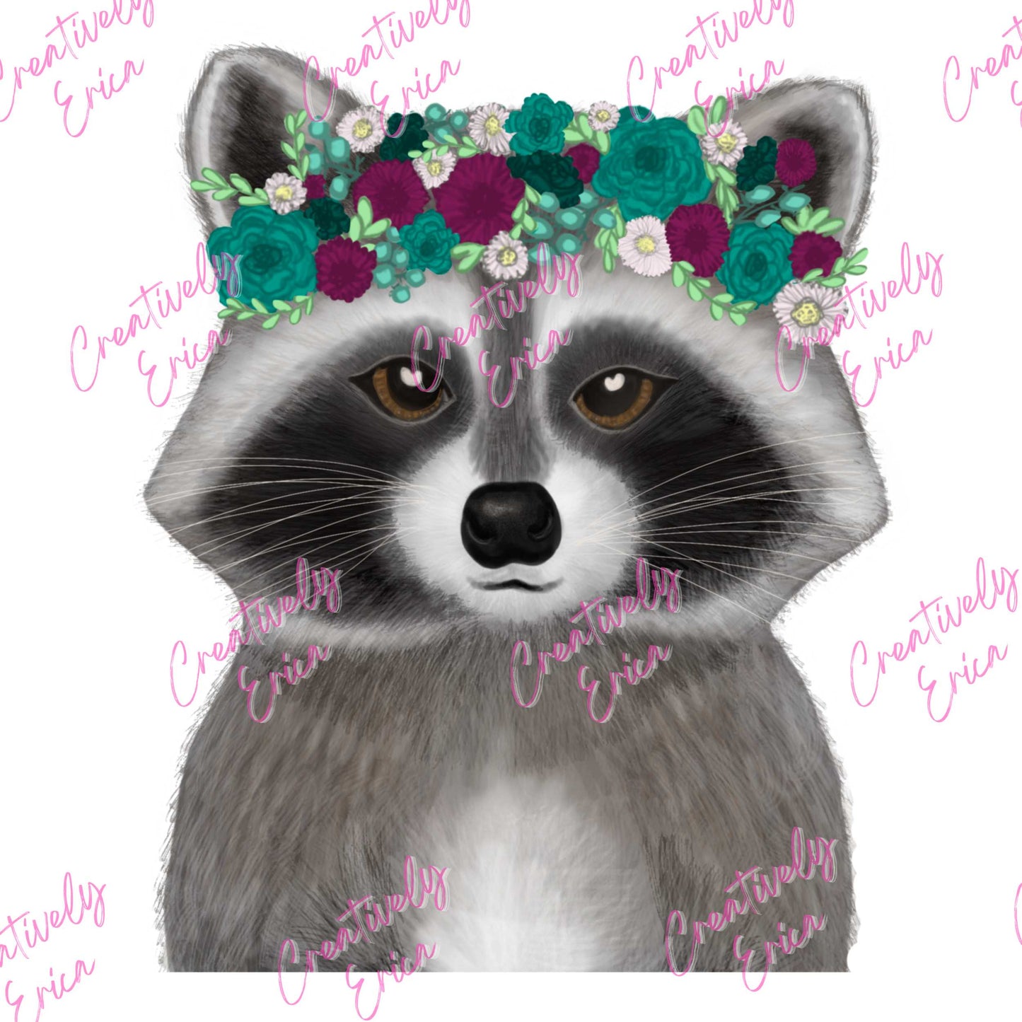 Raccoon with Flower Crown (White Outline) Digital Design